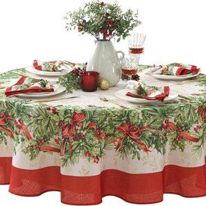 Holiday at Home Christmas Red Ribbon Printed Fabric 70" Round Tablecloth